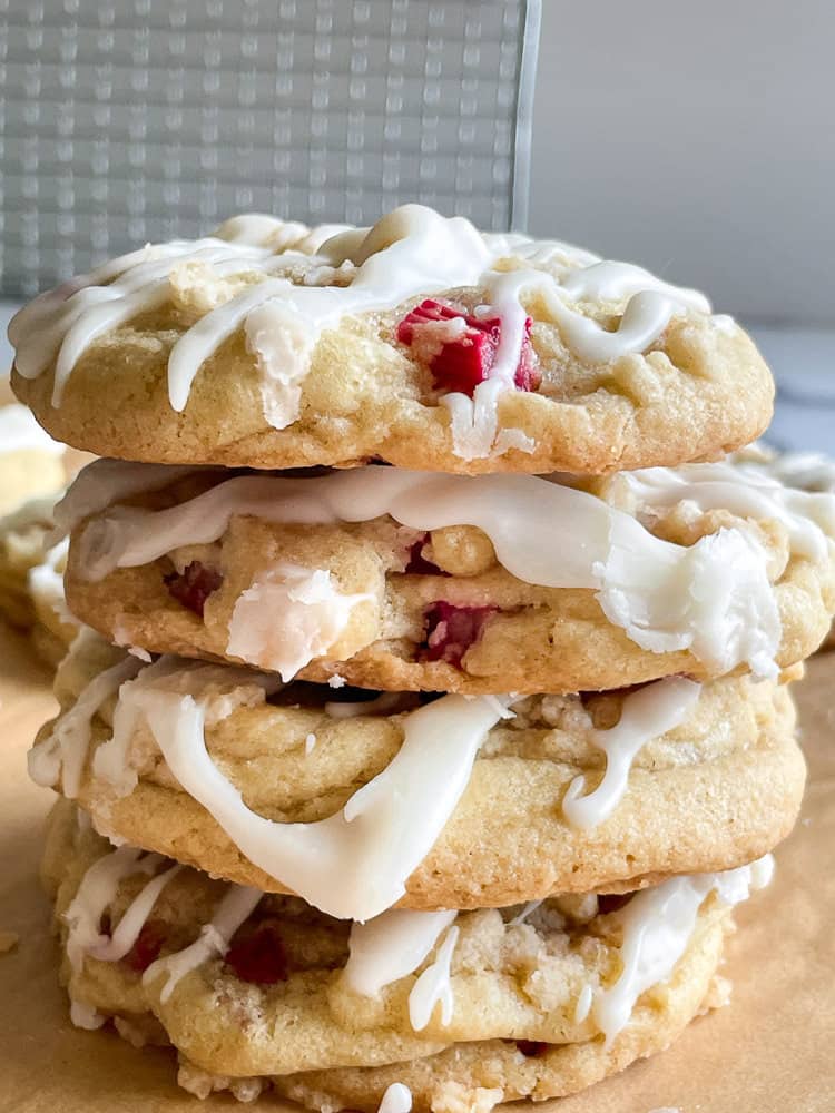 A stack of rhubarb cookies drizzled in icing.
