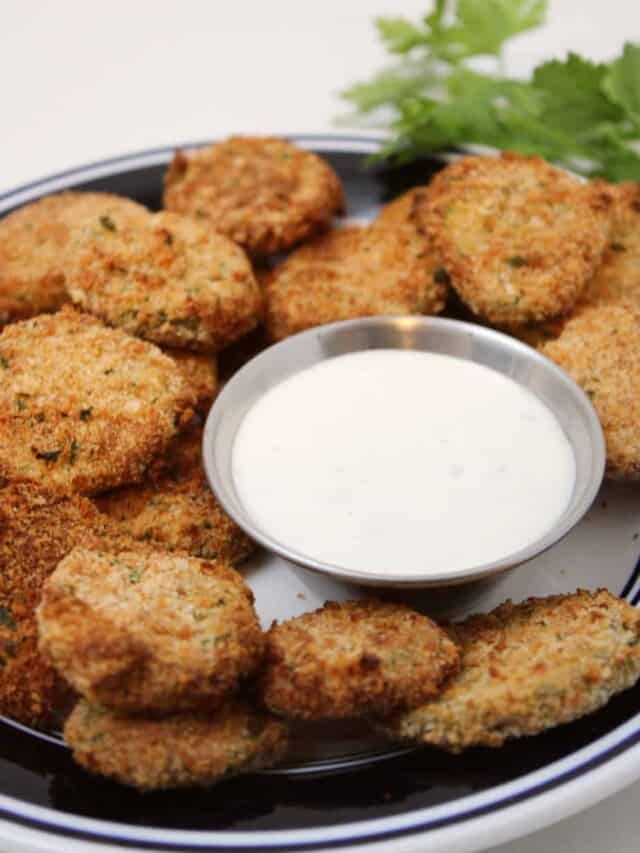 Crispy Air fryer Fried Pickles and dip on a platter.