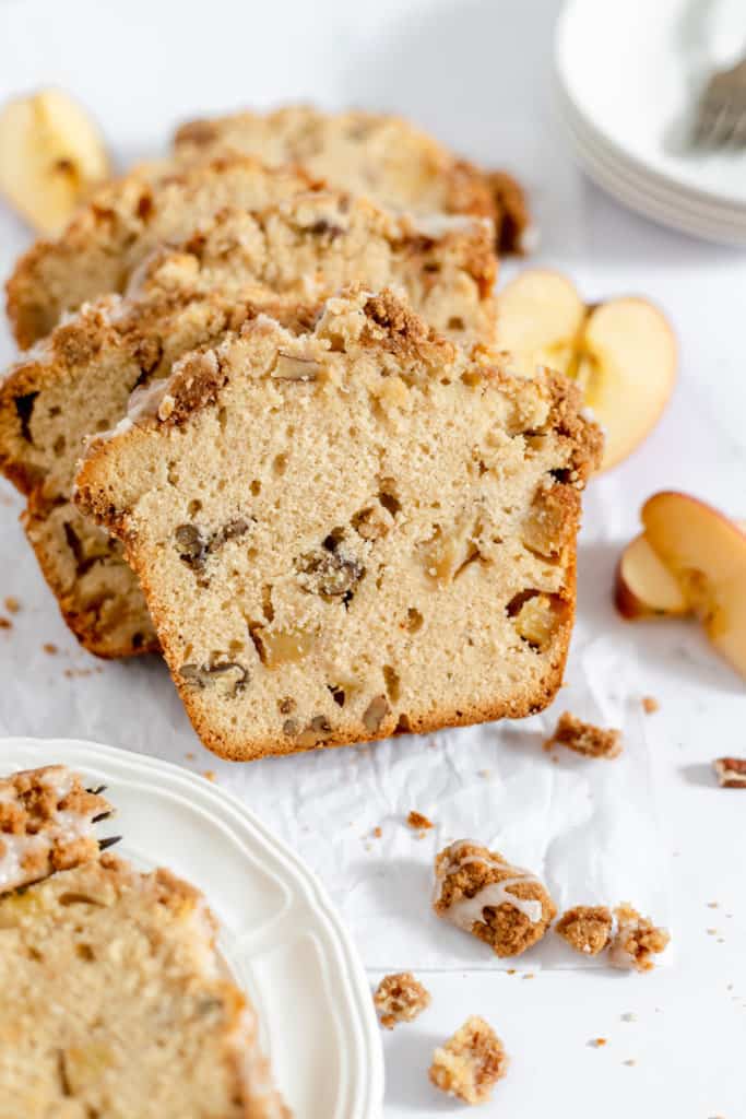 Chunks of baking apples in a quick bread.