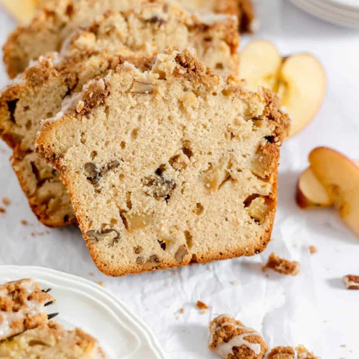 Chunks of baking apples in a quick bread.
