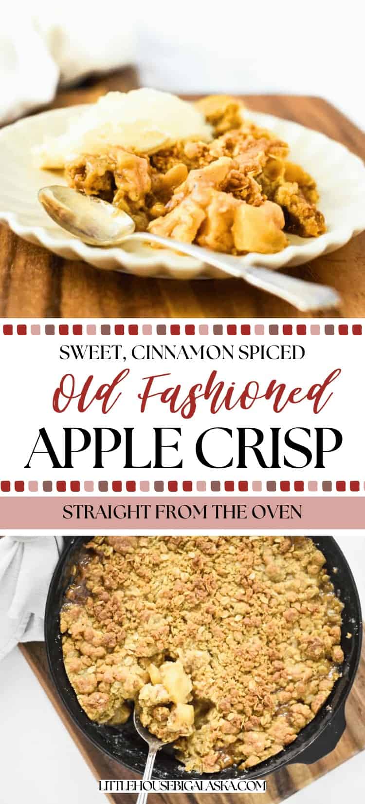 A plate of Easy Apple Crisp with a spoon sits beside a baking dish filled with freshly baked apple crisp topped with a golden, crumbly topping.