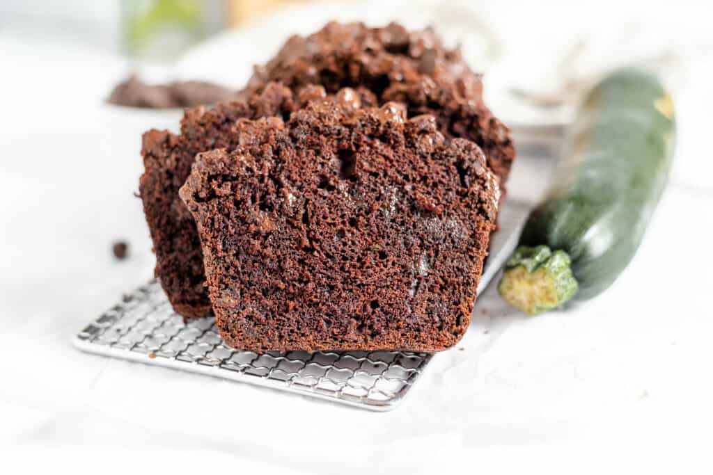 Zucchini bread with cocoa powder and chocolate chips.