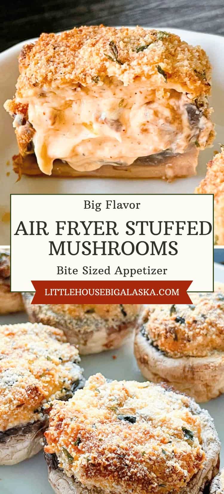 Close-up of Air Fryer Stuffed Mushrooms with a golden breadcrumb topping, displayed on a plate and a cutting board. Text reads: “Air Fryer Stuffed Mushrooms—Bite Sized Appetizer.” These perfectly crisp and savory stuffed mushrooms make the ultimate air fryer appetizer for any gathering.