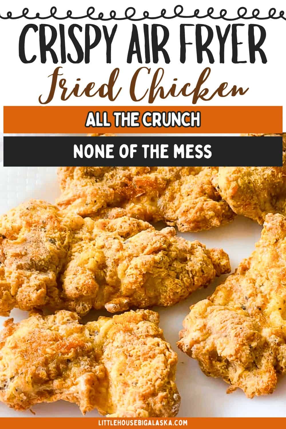 Golden-brown pieces of crispy Air Fryer Fried Chicken are arranged on a white plate, highlighting their irresistibly crunchy coating.