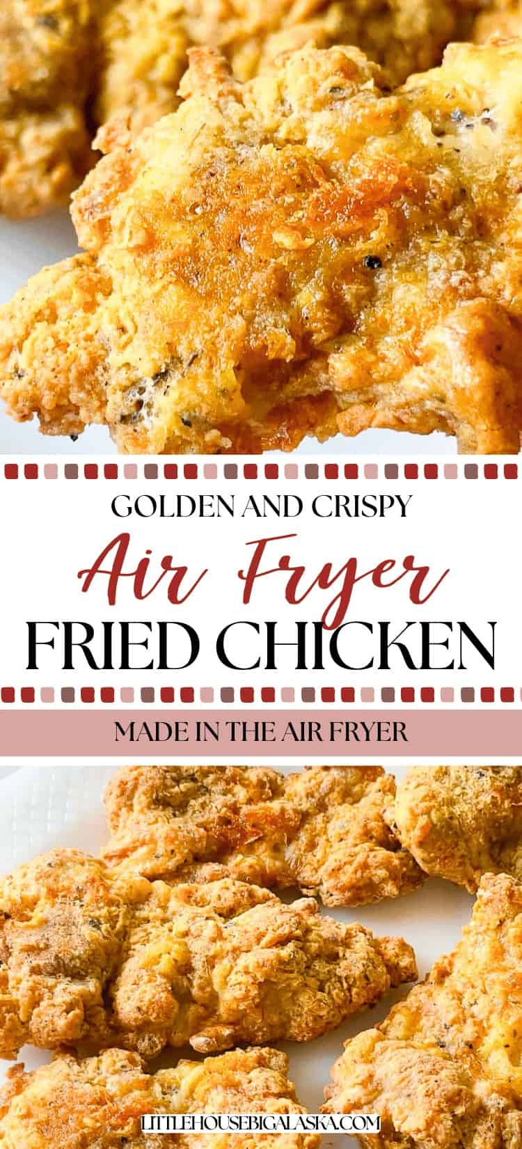 Close-up of several pieces of golden, crispy Air Fryer Fried Chicken arranged on a white plate.