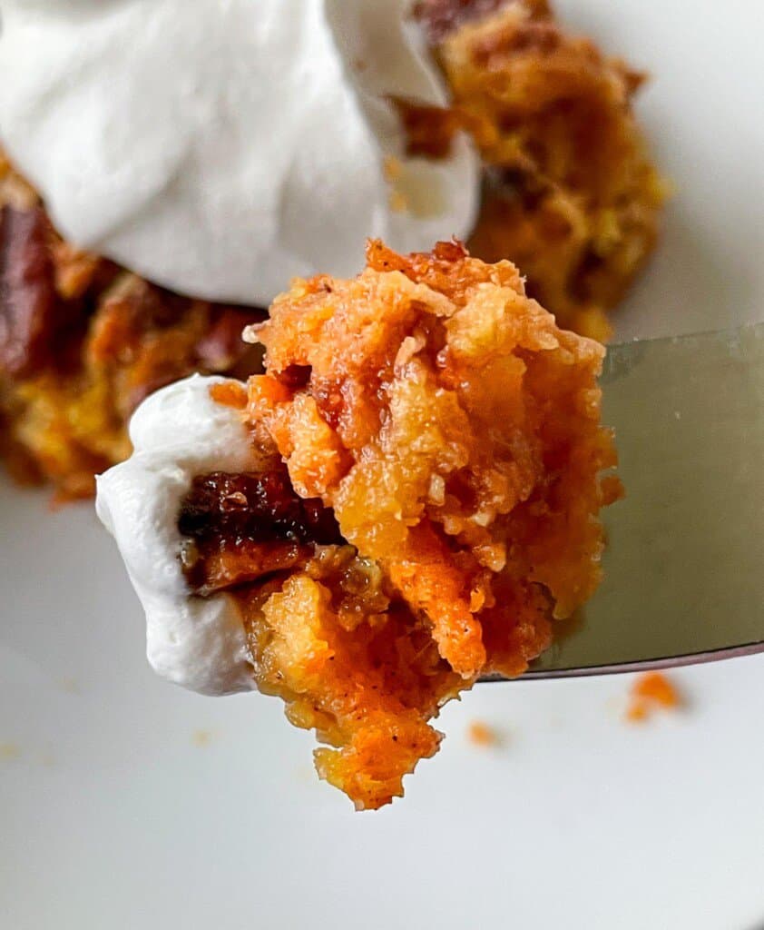 A single perfect bite of pumpkin dump cake and a bit of whipped cream.