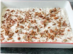 Chopped pecans sprinkled over to the cake mix.