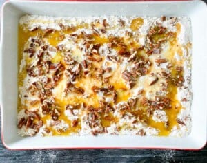 Final layer of a pumpkin dump cake.