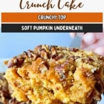 A hand holds a slice of Pumpkin Crunch Cake, featuring a crunchy pecan topping and a soft pumpkin layer underneath reminiscent of classic pumpkin dump cake.