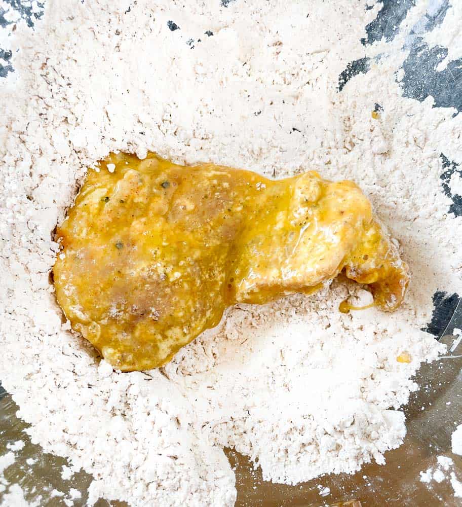 flour and egg on chicken for fried chicken.