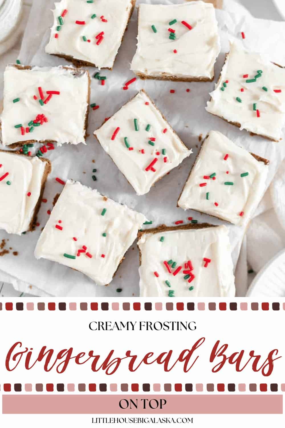 Gingerbread Cookie Bars topped with creamy white frosting and festive red and green sprinkles, arranged on a white surface.
