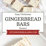 A tray of Gingerbread Cookie Bars is cut into squares, with a close-up view of a bar topped with white frosting and red and green sprinkles on a plate.