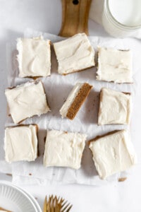 Gingerbread cookie bar with cream cheese frosting.