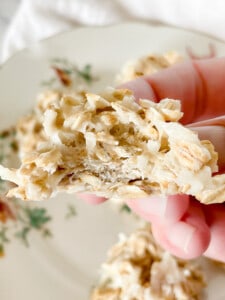 White no-bake cookie with a bite out of it.