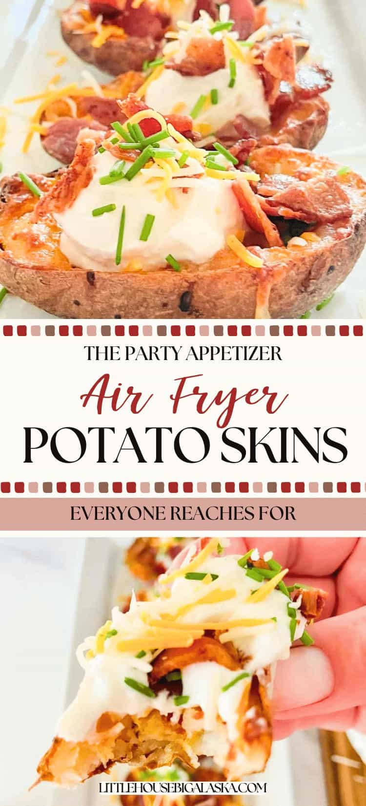 Close-up of air fryer potato skins topped with sour cream, cheese, bacon, and chives, with a hand holding one. Text overlay reads "Air Fryer Potato Skins.