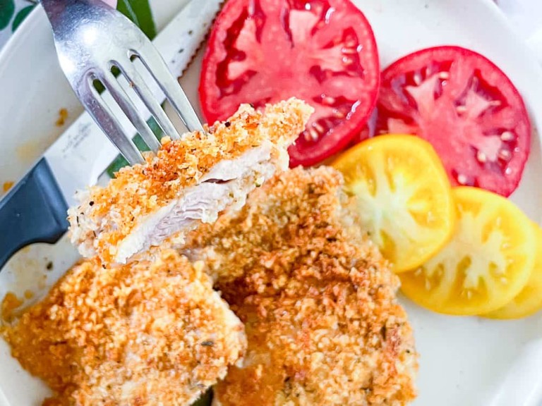 A perfect bite of panko fried chicken.