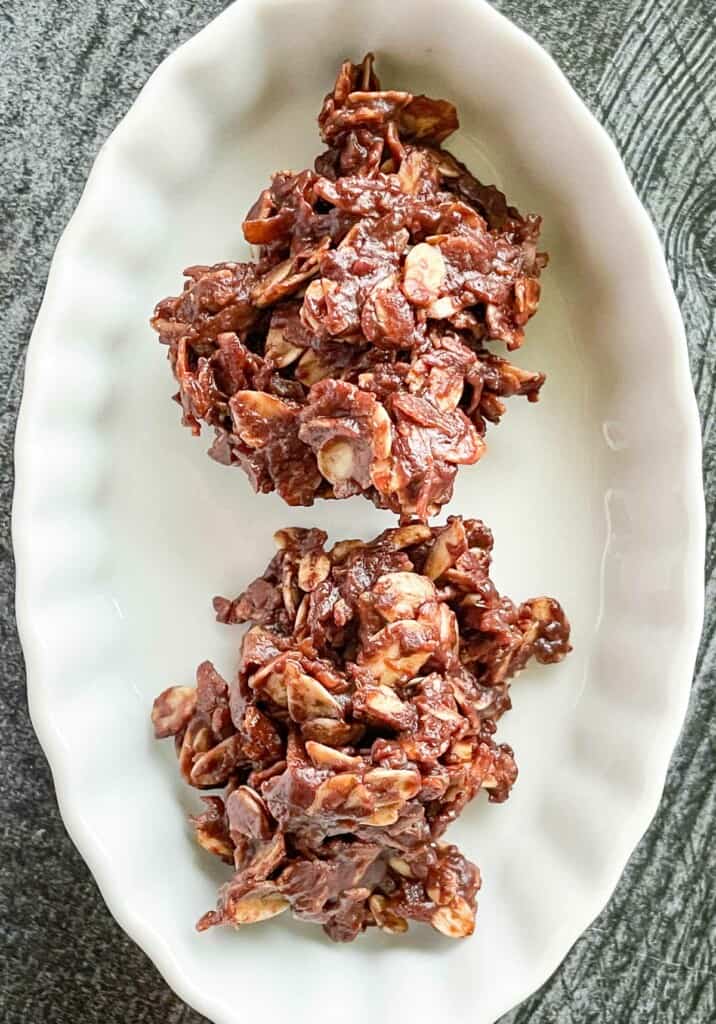 A little oval dish with two chocolate no bakes.