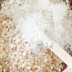 Coconut and rolled oats mixing in the no bake cookies.