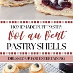 Vol Au Vent shells, both sliced and whole, are filled with cream and jam, topped with a blueberry, and beautifully displayed on a cooling rack and tray.