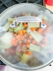 Covered cooking pot full of chicken, vegetables, and water to make broth.