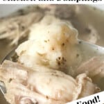 Pin graphic for chicken and dumplings.