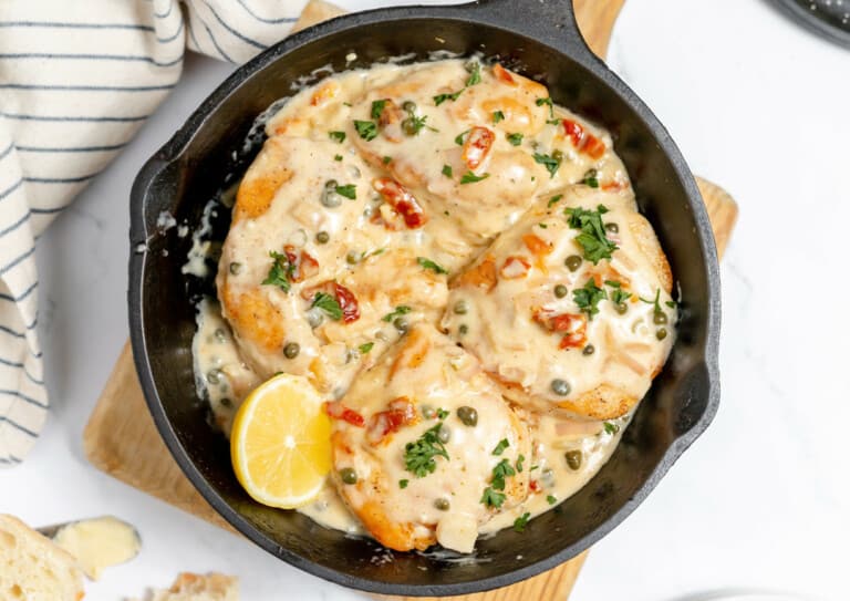 Chicken Piccata in a cast iron skillet.