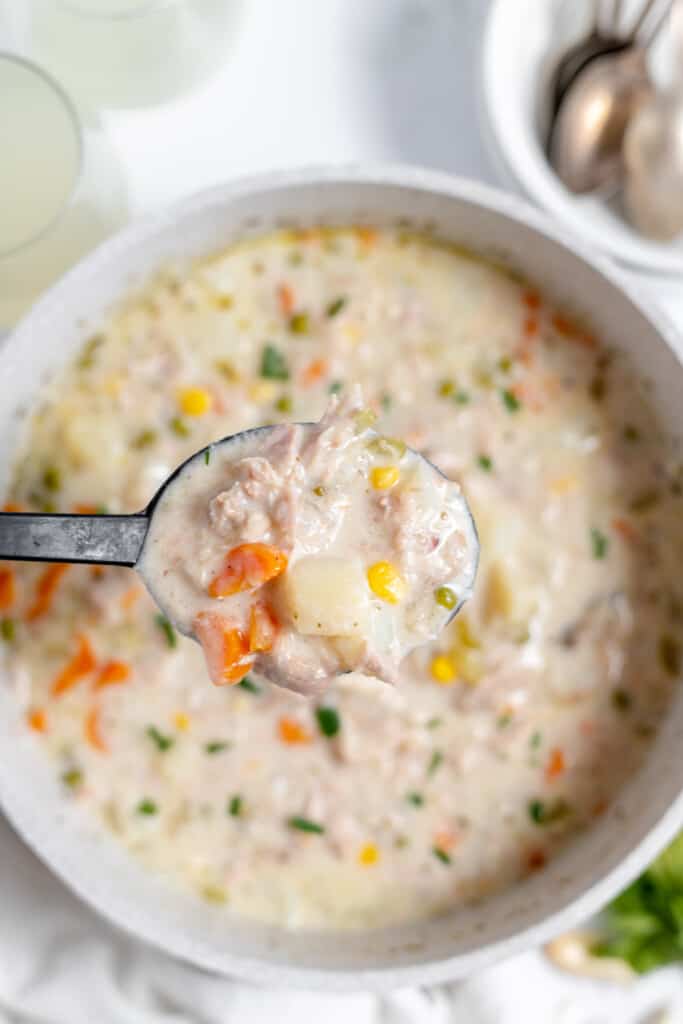 A spoonful of chicken pot pie soup.