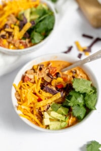 Close up of two bowls of soup wuth avocado and cilantro on top.