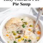 Pin graphic for chicken pot pie soup.