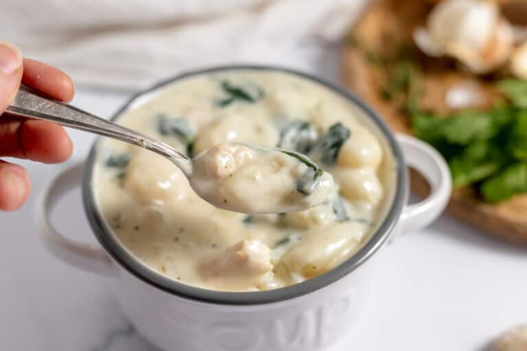 A spoonful of gnocchi soup.