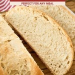 Sliced loaf of peasant bread with a soft, airy interior and golden crust on a wooden board; text overlay highlights peasant bread’s unbeatable versatility.