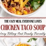 A bowl of Chicken Taco Soup topped with shredded cheese, tortilla strips, and fresh cilantro, with a spoon beside the bowl on a white surface.