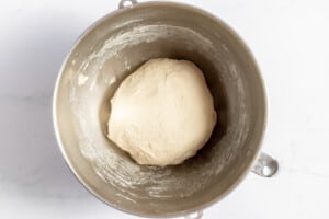 Dough formed into a ball and oiled, before rising.