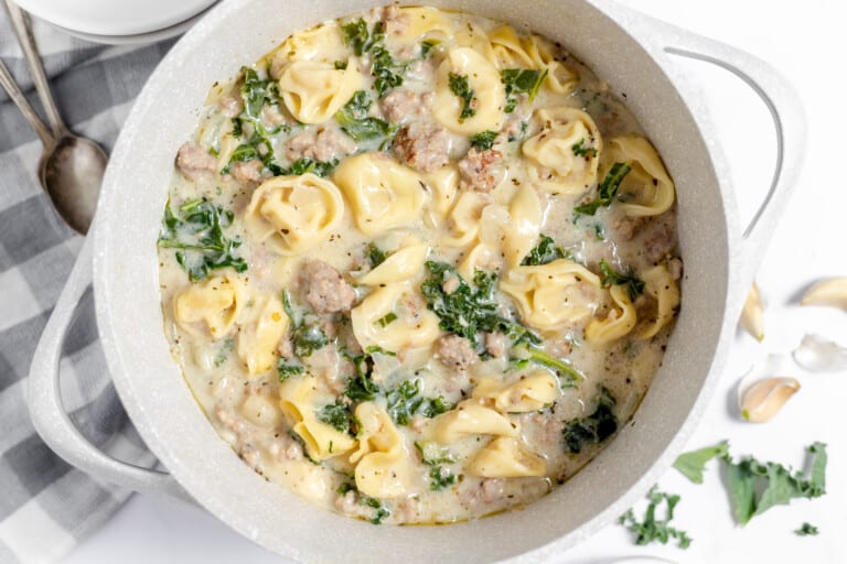 Dutch oven of tortellini soup.