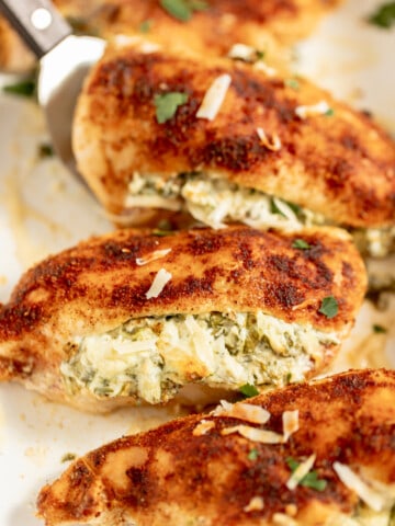 Chicken stuffed with cream cheese and spinach.