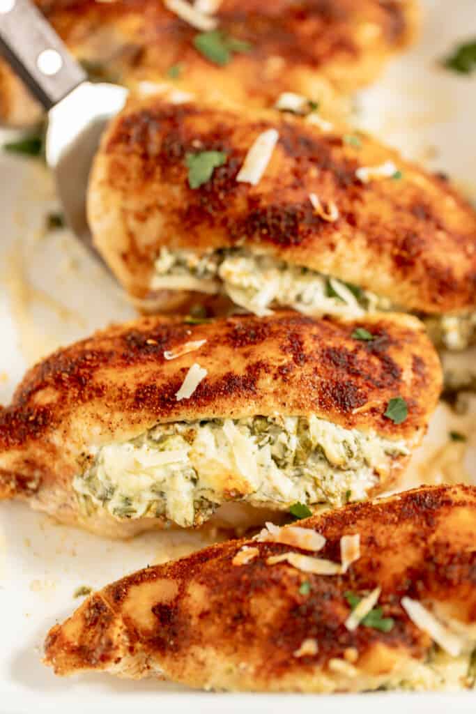 Chicken stuffed with cream cheese and spinach.