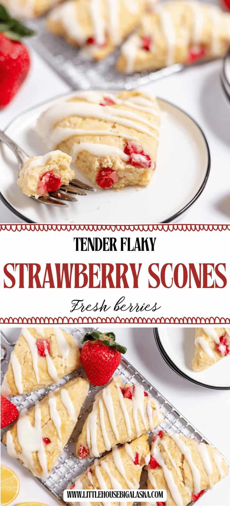 Strawberry Scones with icing sit on plates and a cooling rack, surrounded by fresh strawberries; a fork holds a bite of scone, showcasing the tender texture and irresistible flavor of these homemade strawberry scones.