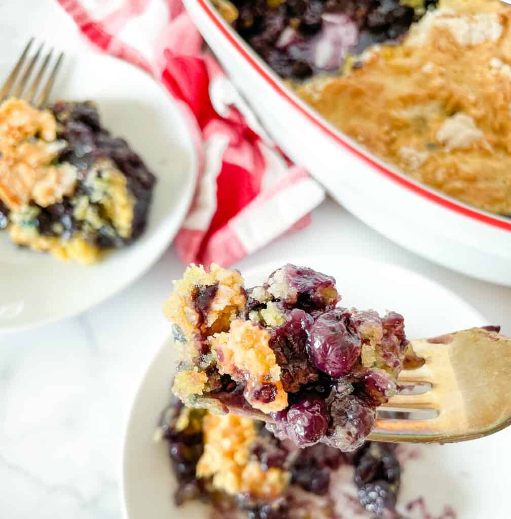 A bite of blueberry dump cake on a fork over a pan and plate of dump cake.