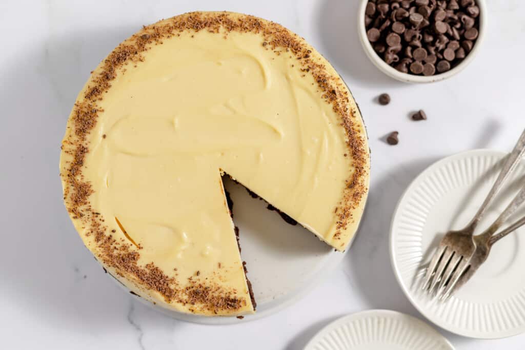 Brownie Cheesecake with a slice out of it.