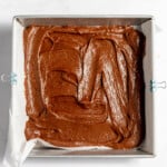 Brownie batter in an 8x8 pan.