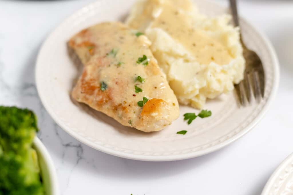 Creamy ranch chicken served with mashed potato.