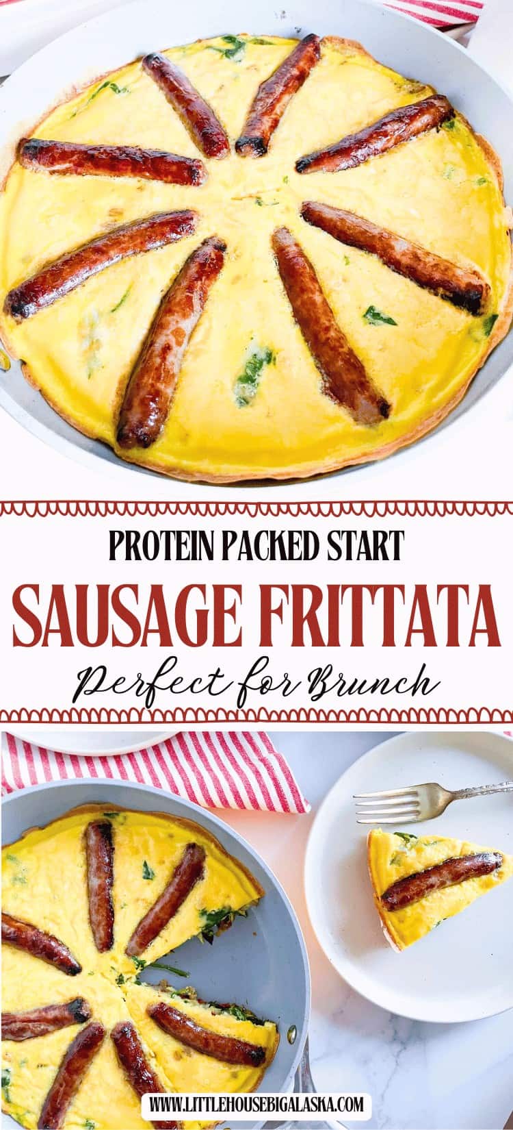 A savory sausage frittata in a pan, sliced to reveal hearty sausage links and fresh herbs, is shown whole and partially served on a plate with a fork—perfect for any breakfast or brunch.