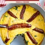 A skillet sausage frittata topped with whole sausages is sliced and served; text reads "Easy Breakfast Sausage Frittata Feeds a Crowd.