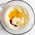 Creamed butter and sugar with eggs and vanilla.