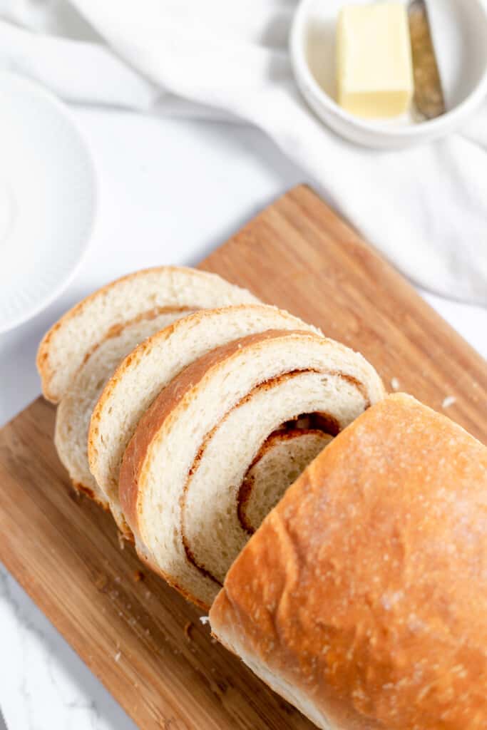 Sliced cinnamon swirl bread.
