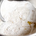 Flour, salt, yeast, sugar in the mixing bowl.