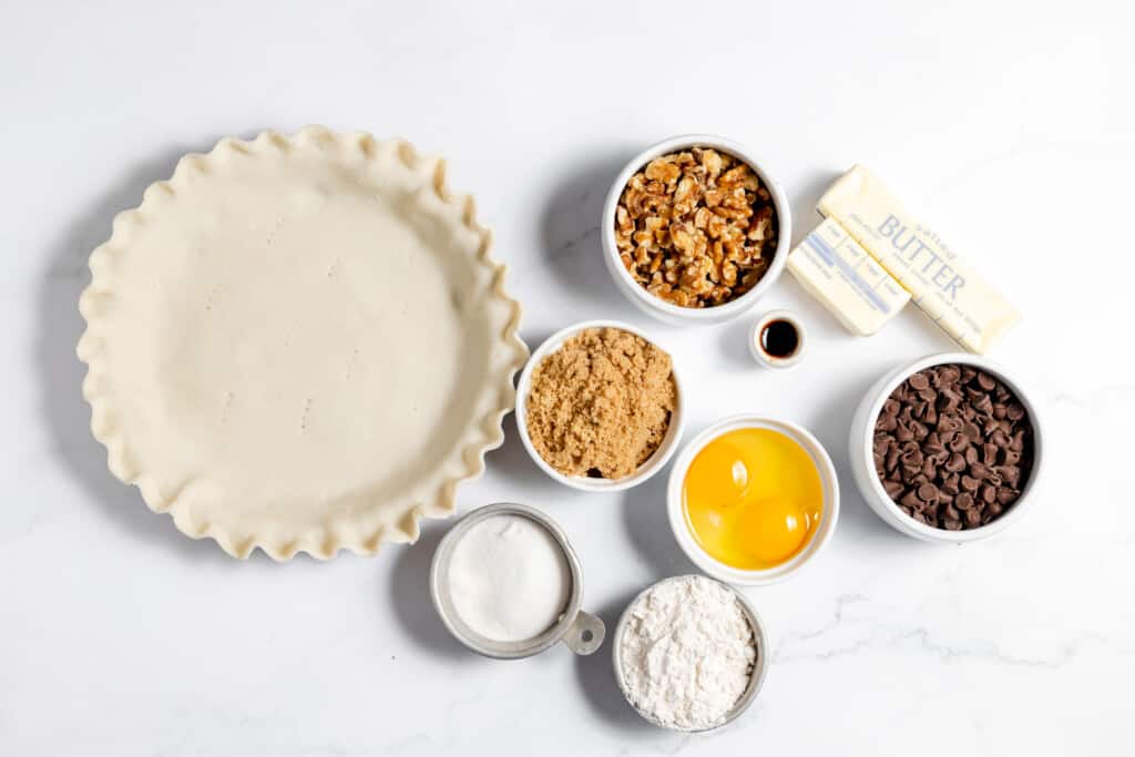Ingredients for a chocolate chip cookie pie. 