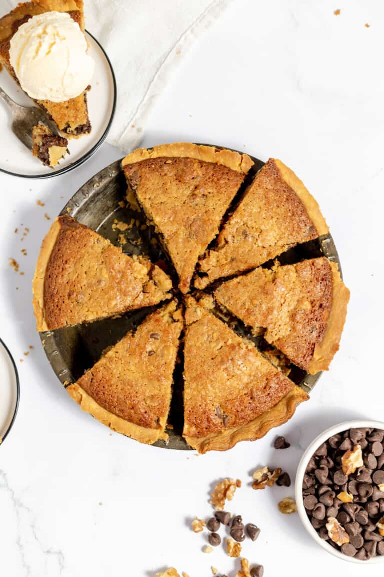 Chocolate Chip Pie Slices in the pie pan.