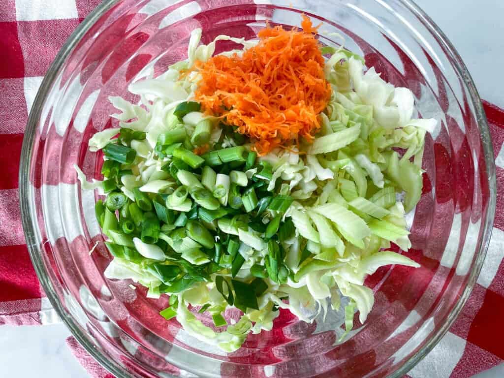 Shredded cabbage in a bowl topped with chopped green onions and celery, and shredded carrot. 
