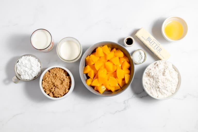 Ingredients for easy peach cake.